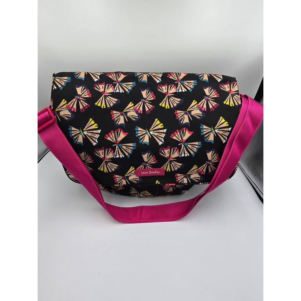 Vera Bradley Messenger Bag Black Pink Pencil‎ Pattern Adjustable Strap Crossbody